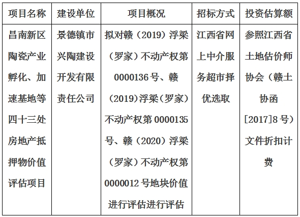 昌南新區(qū)陶瓷產(chǎn)業(yè)孵化、加速基地等四十三處房地產(chǎn)抵押物價值評估單位選取計劃公告