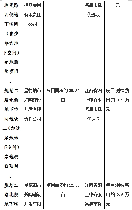 景德鎮(zhèn)市昌南新區(qū)LJ1-03-A01-1地塊、瓷都大道東側(cè)中渡口地下空間（格蘭云天大酒店地下空間）、光明大道北側(cè)利民路西側(cè)地下空間（青少年宮地下空間）、規(guī)劃二路北側(cè)地下空間地塊二（加速基地地下空間）、規(guī)劃二路北側(cè)地下空間地塊一（加速基地地下空間）、景德大道南側(cè)天寶橋西側(cè)地塊、景興大道東側(cè)如意路北側(cè)地下空間(社會(huì)公共服務(wù)