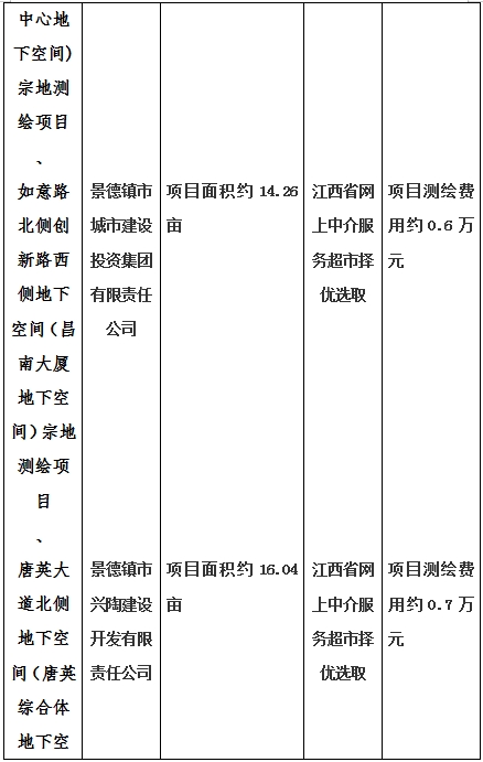 景德鎮(zhèn)市昌南新區(qū)LJ1-03-A01-1地塊、瓷都大道東側(cè)中渡口地下空間（格蘭云天大酒店地下空間）、光明大道北側(cè)利民路西側(cè)地下空間（青少年宮地下空間）、規(guī)劃二路北側(cè)地下空間地塊二（加速基地地下空間）、規(guī)劃二路北側(cè)地下空間地塊一（加速基地地下空間）、景德大道南側(cè)天寶橋西側(cè)地塊、景興大道東側(cè)如意路北側(cè)地下空間(社會(huì)公共服務(wù)