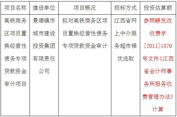 高鐵商務(wù)區(qū)項(xiàng)目置換經(jīng)營性債務(wù)專項(xiàng)貸款資金審計(jì)項(xiàng)目計(jì)劃公告